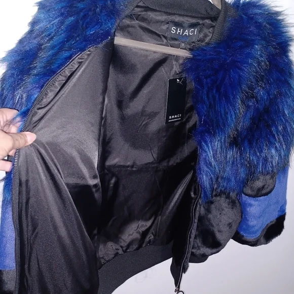 Shaci Blue- Blue and Black Faux Fur Coat W Sz Small - Picture 9 of 12